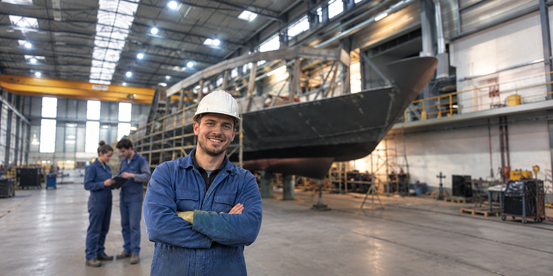Schiffbauer in der Montagehalle der Lux-Werft